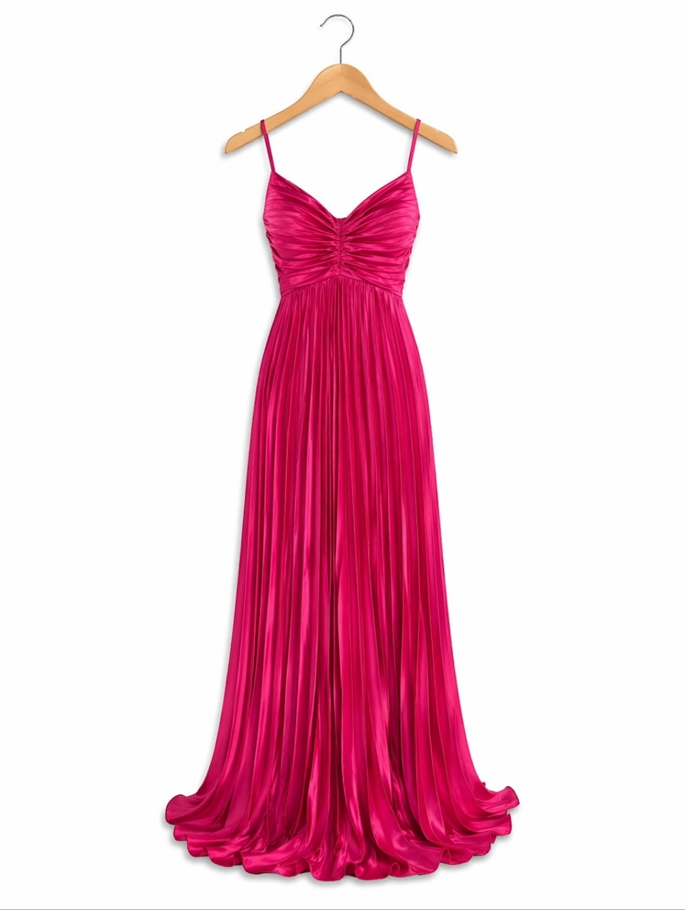 Elegant Fuchsia Pleated Satin Gown